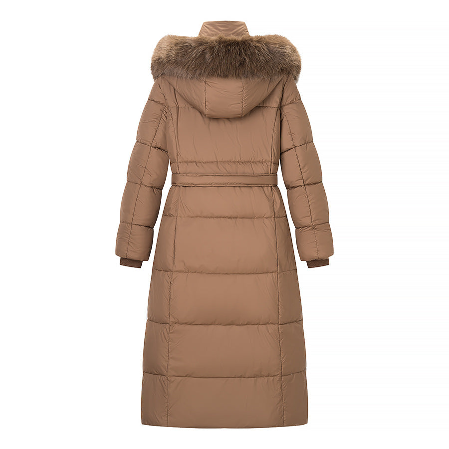 Women's Long Quilted Coat with Waist Belt, Hood and Faux Fur Trim Shop Velvia
