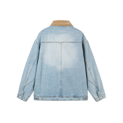 Men's Boxy Denim Jacket in Worker Style with Cord Collar and Front Zipper Shop Velvia