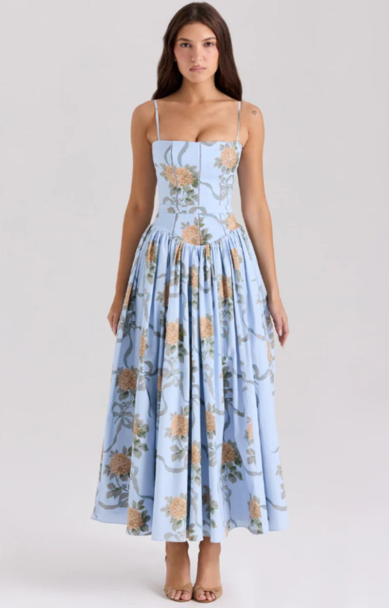 Women's fitted maxi dress with corset top and fine spaghetti straps