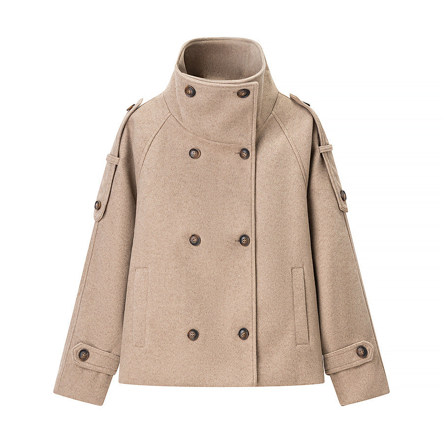Women's Short Double-Breasted Wool Peacoat with Stand-Up Collar Shop Velvia
