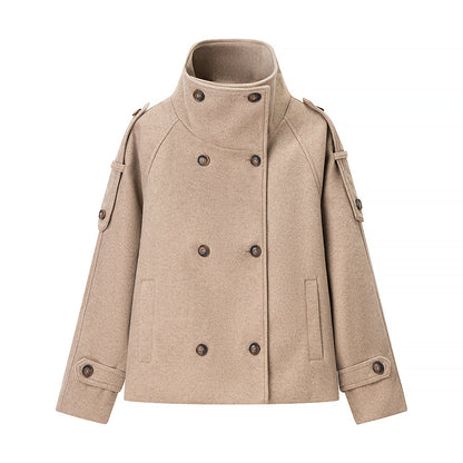 Women's Short Double-Breasted Wool Peacoat with Stand-Up Collar Shop Velvia