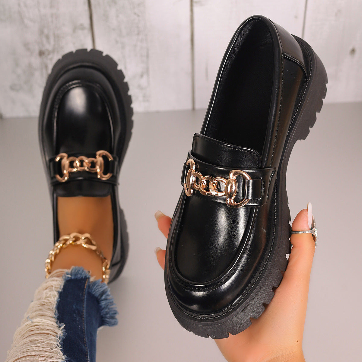 Women Chunky Platform Loafer with Metal Chain Detail and Profiled Rubber Sole Shop Velvia