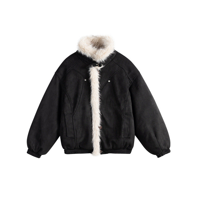 Women's short-cut bomber jacket in lambskin look with high stand-up collar and faux fur trim Shop Velvia