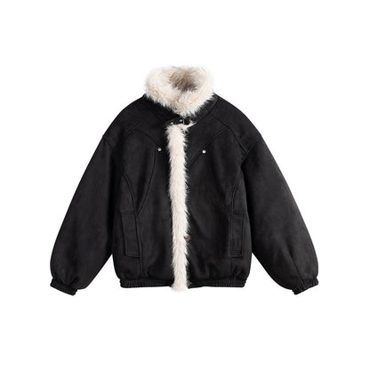 Women's short-cut bomber jacket in lambskin look with high stand-up collar and faux fur trim Shop Velvia