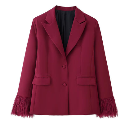 Women Elegant Two-Piece Blazer and Wide Leg Trousers Ensemble with Feather Trim on Sleeves Shop Velvia