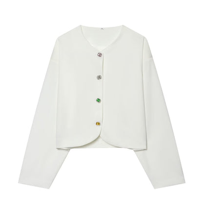 Women's Cropped Boxy Jacket with Decorative Buttons and Round Neckline Shop Velvia