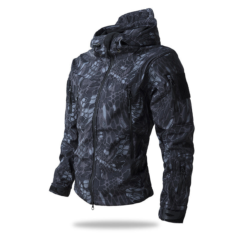 Men's Tactical Softshell Jacket with Hood, Camouflage Pattern and Multiple Zipper Pockets Shop Velvia