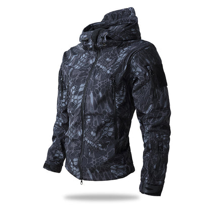 Men's Tactical Softshell Jacket with Hood, Camouflage Pattern and Multiple Zipper Pockets Shop Velvia
