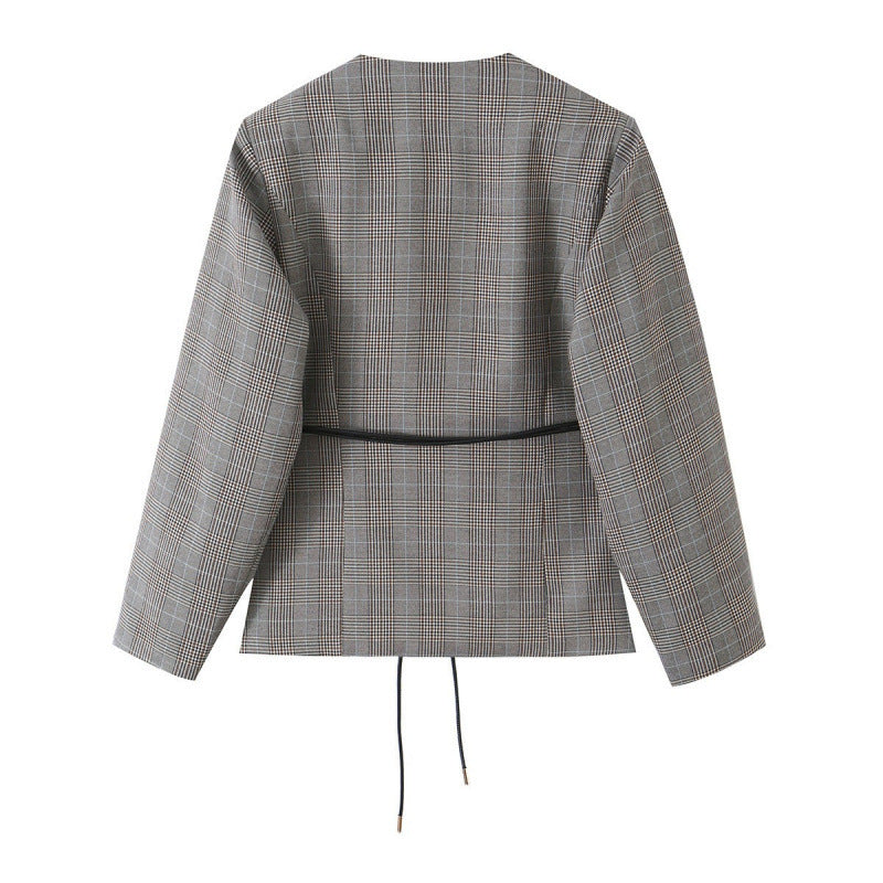 Women tailored glencheck blazer jacket with V-neck and tie waist Shop Velvia
