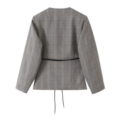 Women tailored glencheck blazer jacket with V-neck and tie waist Shop Velvia