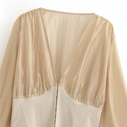 Women's Cropped Chiffon Blouse with Deep V-Neck and Tailored Corset Waist Shop Velvia