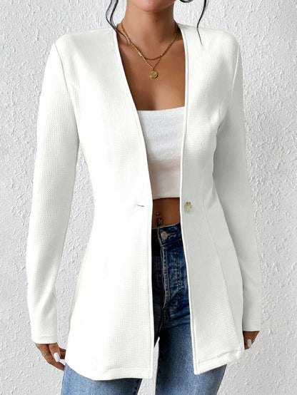 Ladies Tailored Long Blazer with V-Neck and One-Button Closure Shop Velvia