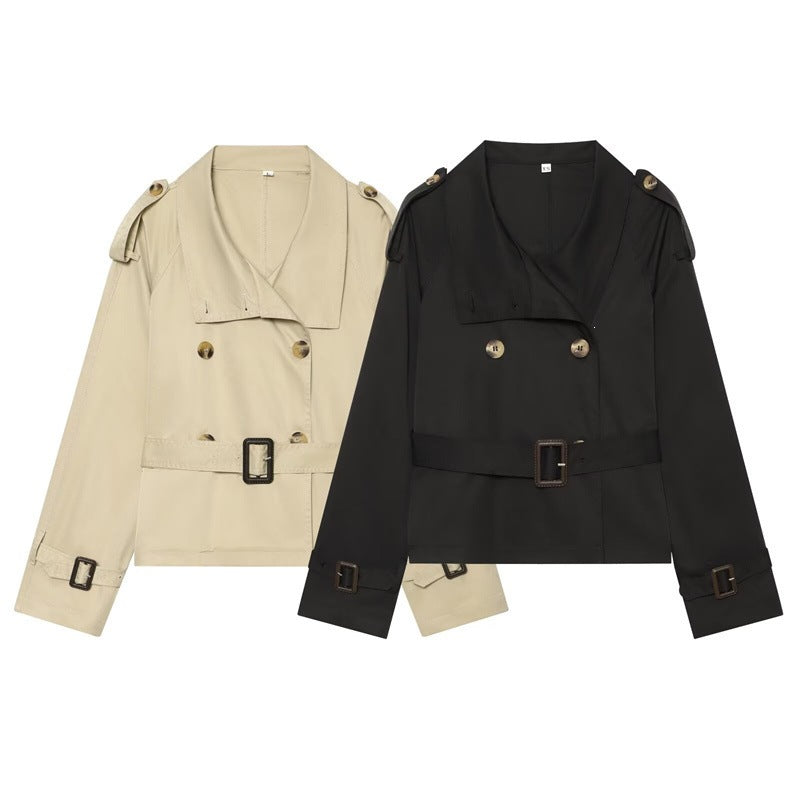 Women Short Boxy Trench with Double Breasted, Waist Belt and Shoulder Tabs Shop Velvia