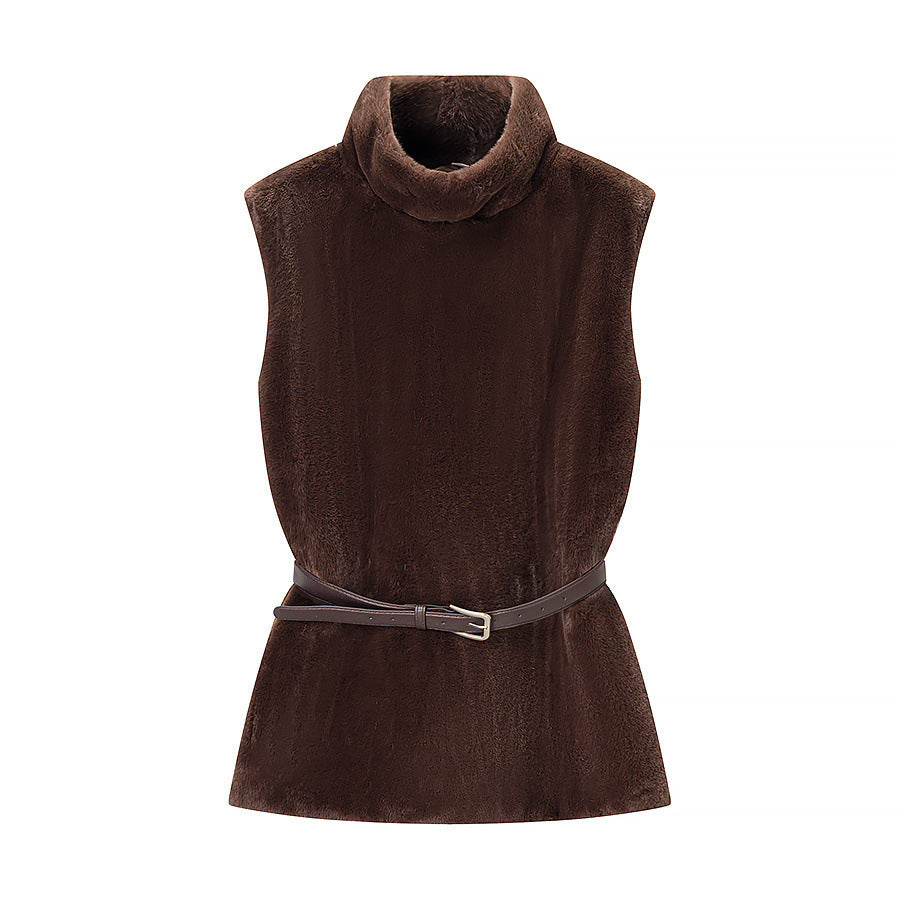 Women Short Sleeveless Faux Fur Vest with High Collar and Waist Belt Shop Velvia