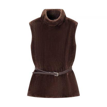 Women Short Sleeveless Faux Fur Vest with High Collar and Waist Belt Shop Velvia