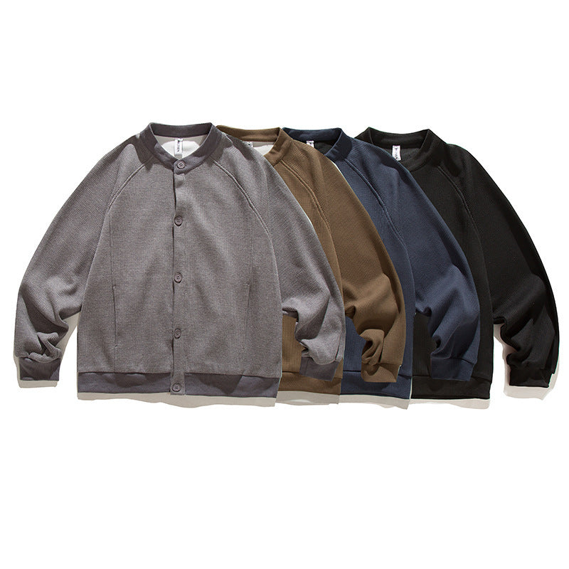 Men's waffle texture bomber-style cardigan with raglan sleeves and button placket Shop Velvia