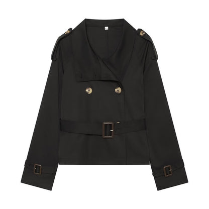 Women Short Boxy Trench with Double Breasted, Waist Belt and Shoulder Tabs Shop Velvia