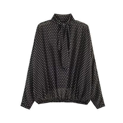Women's Two-Piece Polka Dot Set with Stand Collar Blouse and Flared Midi Skirt Shop Velvia