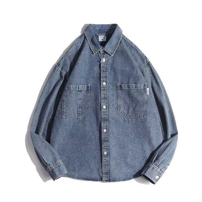 Unisex Boxy Denim Overshirt with patch chest pockets and rounded hem Shop Velvia