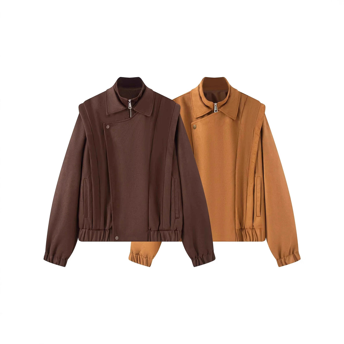 Women's short wool bomber jacket with asymmetrical zipper, stand-up collar, and elastic hem Shop Velvia