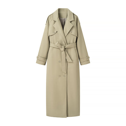 Women's maxi-length wool blend trench coat with belted tie, double-breasted button placket and shoulder epaulettes Shop Velvia