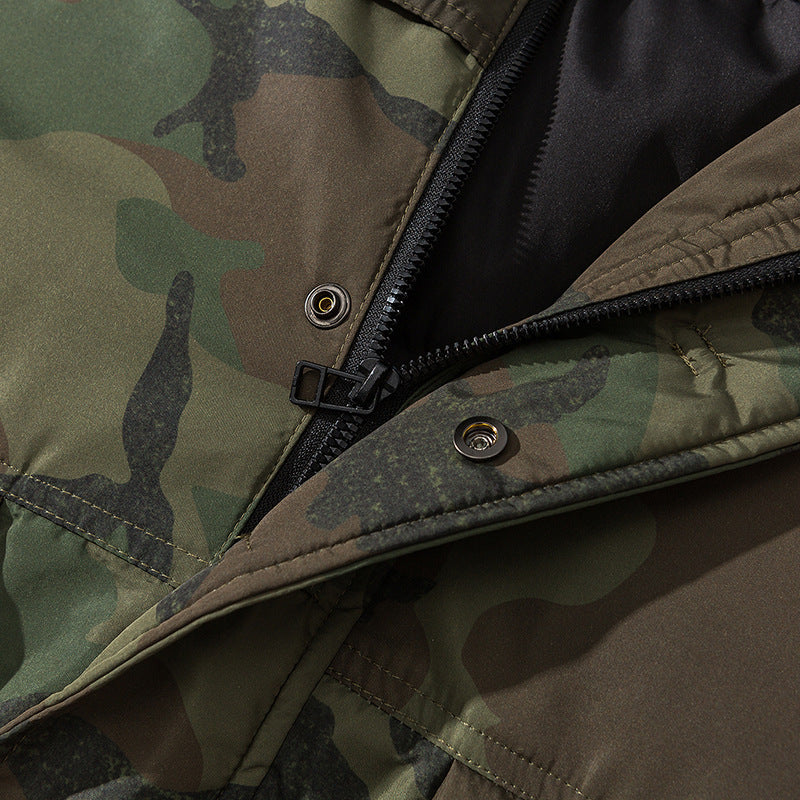 Unisex Boxy-Short-Puffer Jacket in Camouflage-Utility Style with Hood and Concealed Front Placket Shop Velvia