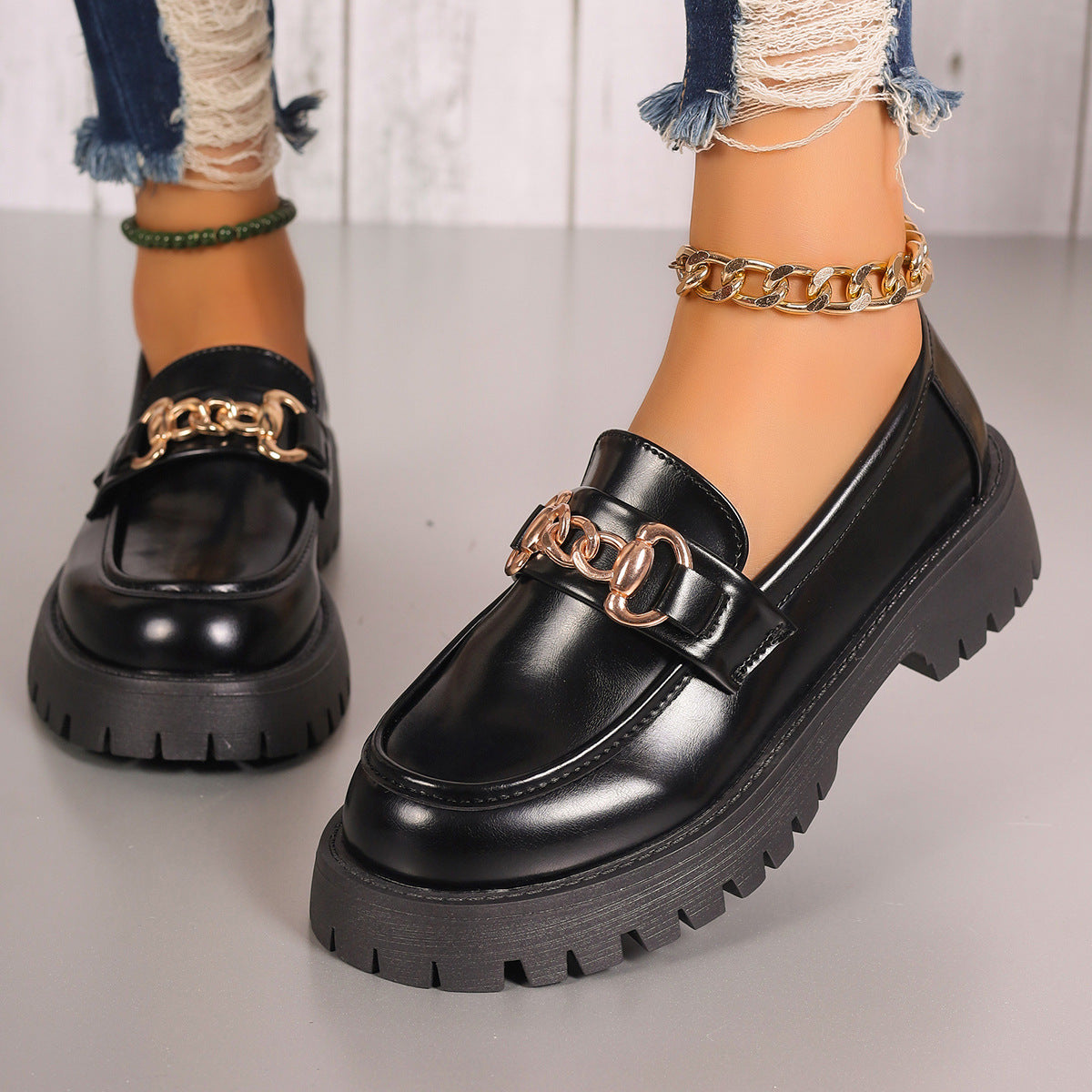 Women Chunky Platform Loafer with Metal Chain Detail and Profiled Rubber Sole Shop Velvia