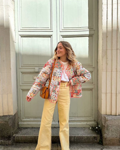 Women's quilted patchwork set consisting of jacket, vest, and mini skirt with floral print Shop Velvia