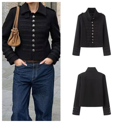 Women Tailored Military Jacket with Stand-up Collar and Decorative Cord Decoration Shop Velvia