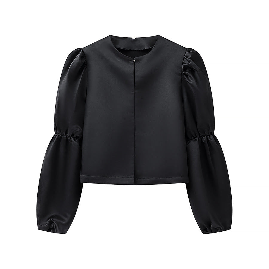 Ladies Glossy Satin Blouse with Voluminous Puff Sleeves Shop Velvia