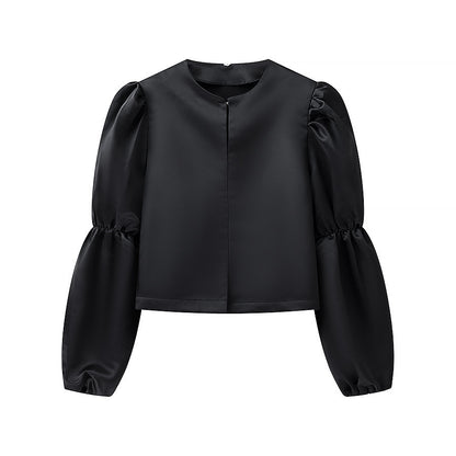 Ladies Glossy Satin Blouse with Voluminous Puff Sleeves Shop Velvia