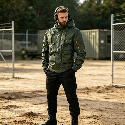 Men's Military-Inspired Hooded Bomber Jacket with Utility Pockets Shop Velvia