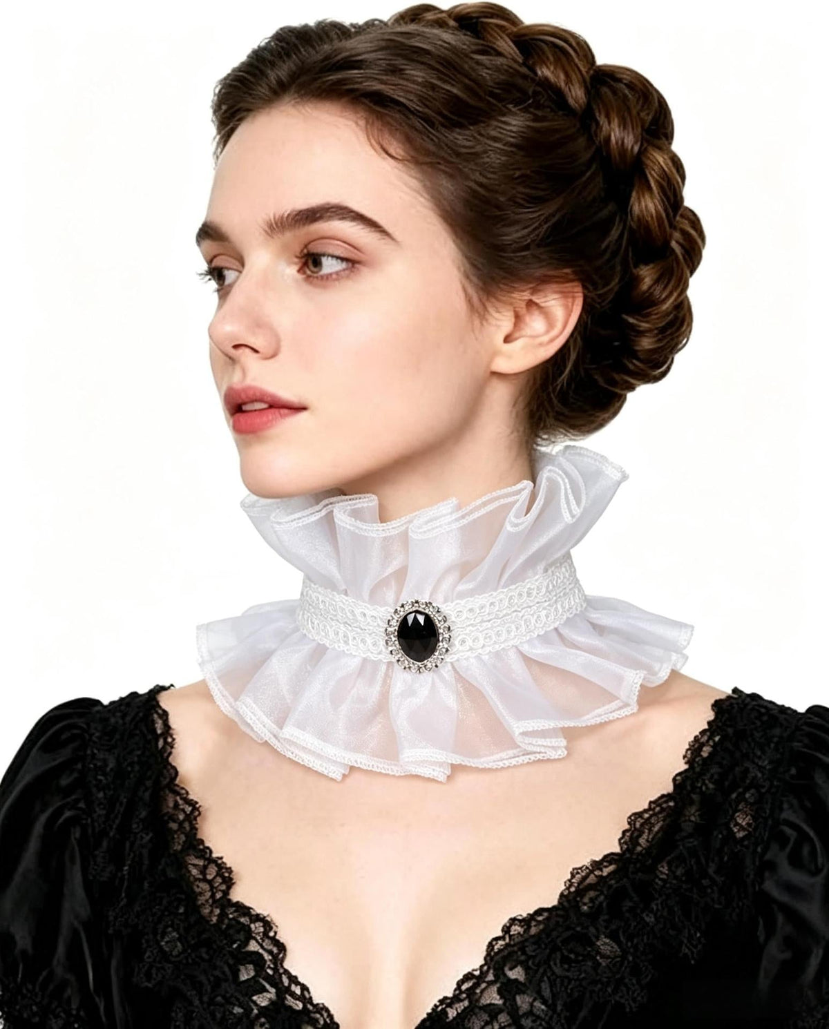 Women's Victorian Ruffle Neck Choker with Decorative Brooch Shop Velvia