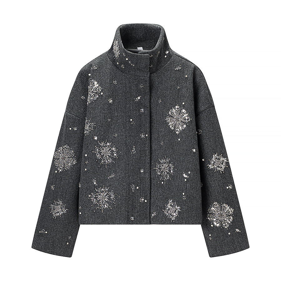 Women's Short Embroidered Wool Blend Boxy Coat with Stand Collar Shop Velvia