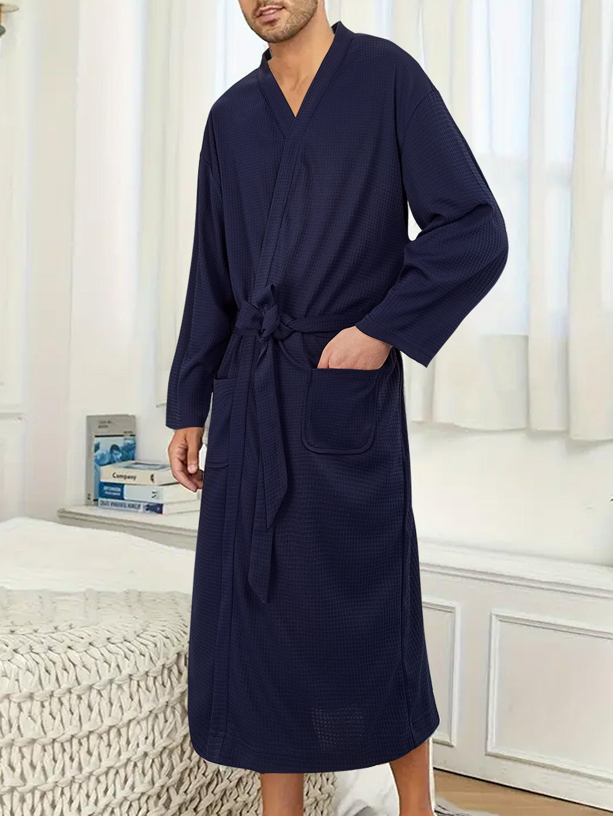 Men's lightweight cotton kimono bathrobe with waffle texture and patch pockets Shop Velvia