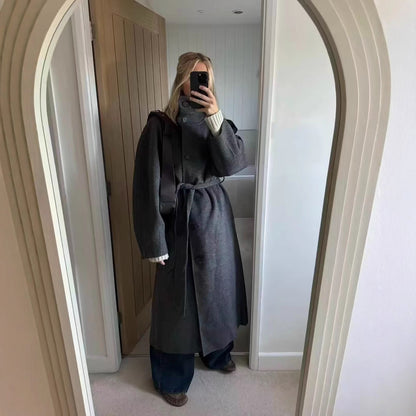 Women's Tailored Wool Blend Coat with Tie Belt and Large Lapel Collar Shop Velvia