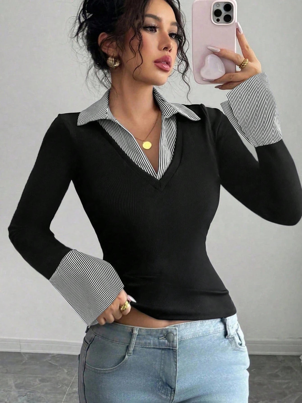 Ladies fine knit sweater with integrated shirt collar and striped cuffs Shop Velvia