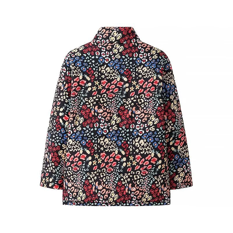 Women's Oversize Print Jacket with Stand-Up Collar and Hidden Button Placket Shop Velvia