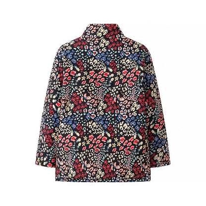 Women's Oversize Print Jacket with Stand-Up Collar and Hidden Button Placket Shop Velvia