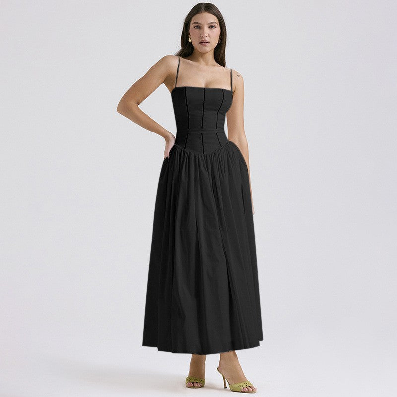 Women's fitted maxi dress with corset top and fine spaghetti straps