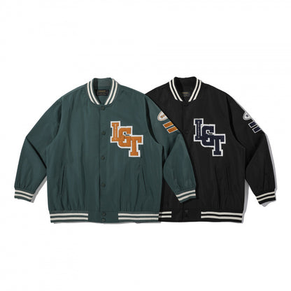 Unisex College Bomber Jacket with quilted patch, striped ribbed hems and snap button placket Shop Velvia