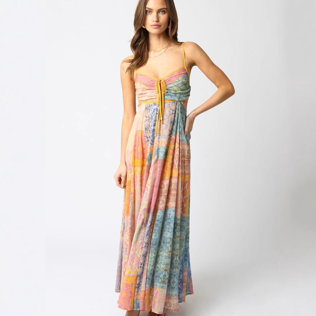 Women’s floor-length maxi dress with shirred bustier, drawstring and patchwork print