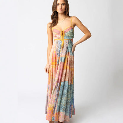 Women’s floor-length maxi dress with shirred bustier, drawstring and patchwork print