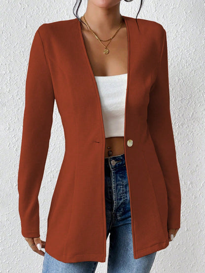 Ladies Tailored Long Blazer with V-Neck and One-Button Closure Shop Velvia