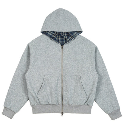 Unisex Padded Hoodie Bomber Jacket with Checkered Flannel Lining and Sturdy Zipper Shop Velvia