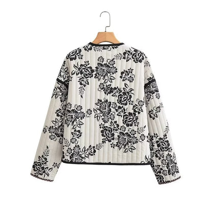 Women's Quilted Short Jacket with Floral Allover Print and Tie Ribbons Shop Velvia