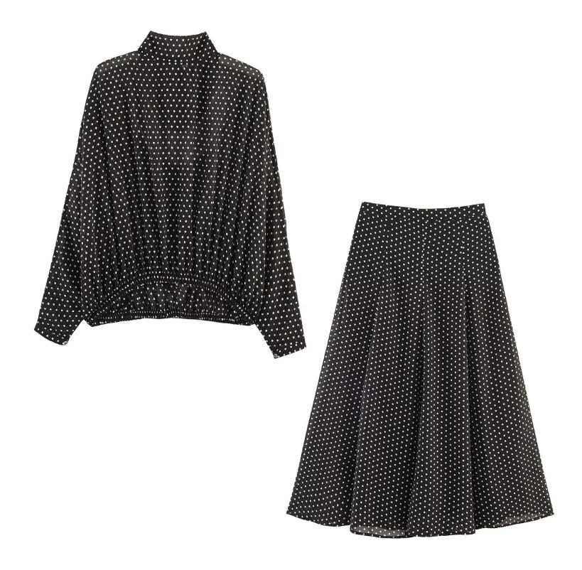 Women's Two-Piece Polka Dot Set with Stand Collar Blouse and Flared Midi Skirt Shop Velvia