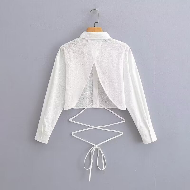 Women's Short-Cut Eyelet Embroidery Blouse with Shirt Collar and Long Ties Shop Velvia
