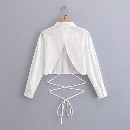 Women's Short-Cut Eyelet Embroidery Blouse with Shirt Collar and Long Ties Shop Velvia