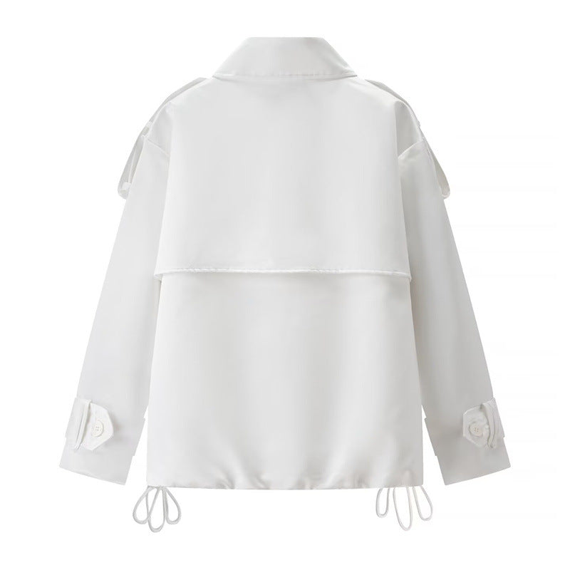 Women Short Boxy Double-breasted Trench with Drawstring and Decorative Shoulder Straps Shop Velvia